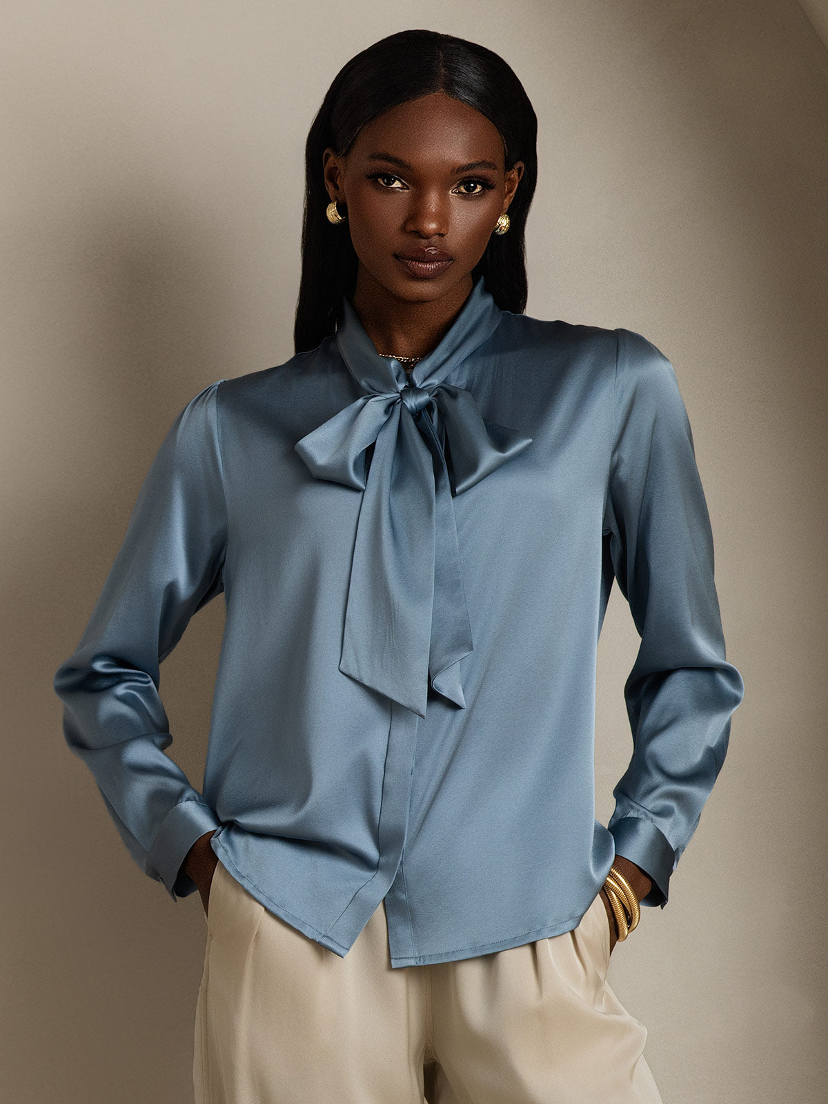 Donna 19 Momme Camicia Elegante in Seta con Collo a Fiocco e