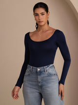 [Blu Scuro] SilkSilky-IT Long Sleeve Collo a U Magliette donna 001