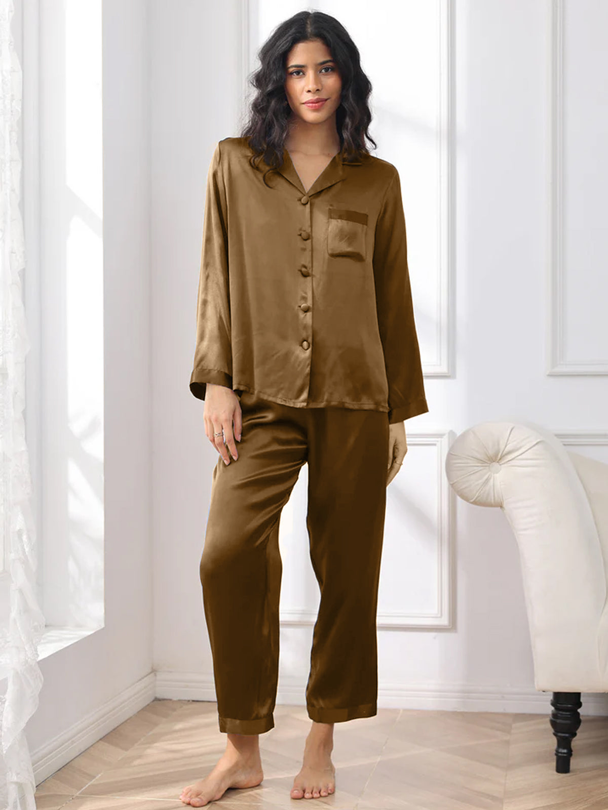 [Marrone] SilkSilky-IT Seta pura Womens Pajamas 001,