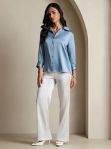 [Blu Grigiastro] SilkSilky-IT 3/4 Sleeve Lapel Collar Camicie da donna 005