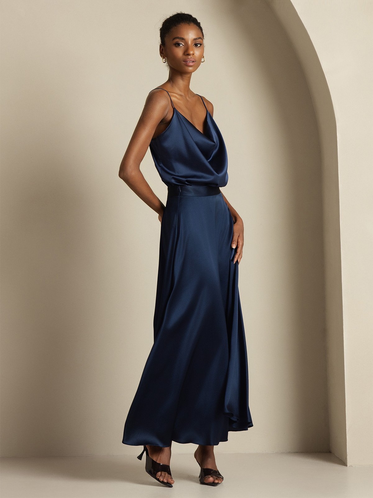 [Blu Scuro] SilkSilky-IT 19Momme Tirantes Finos Collo drappeggiato Women''s Outfit Sets 005