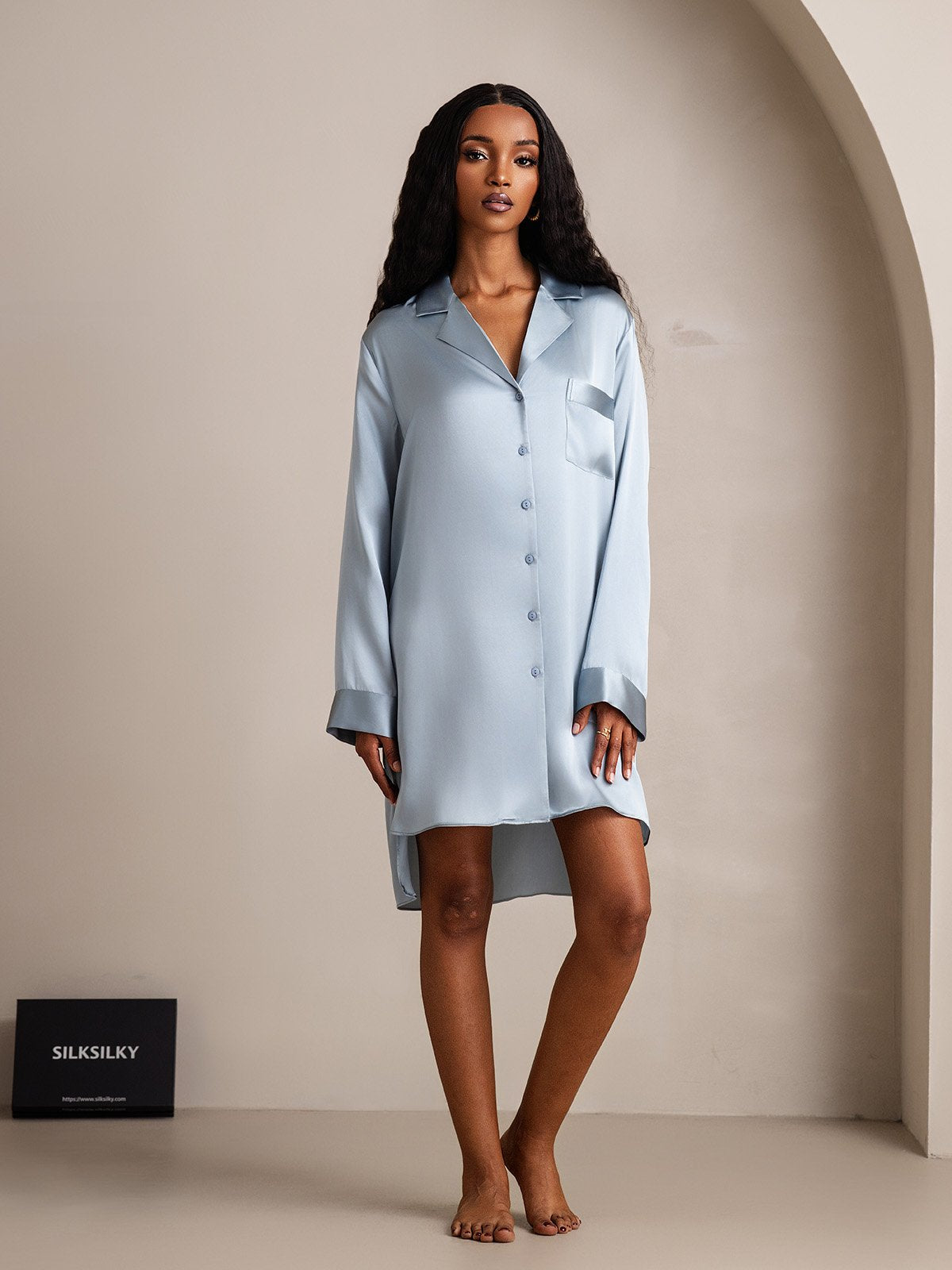 [BluGrigiastro] SilkSilky-IT Seta pura Colletto risvolto Camicia da notte 005