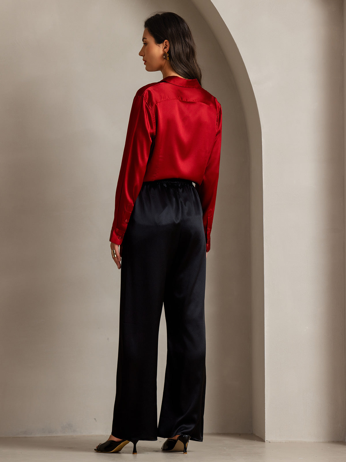 [Rosso] SilkSilky-IT Manica lunga Colletto risvolto Camicie da donna 002