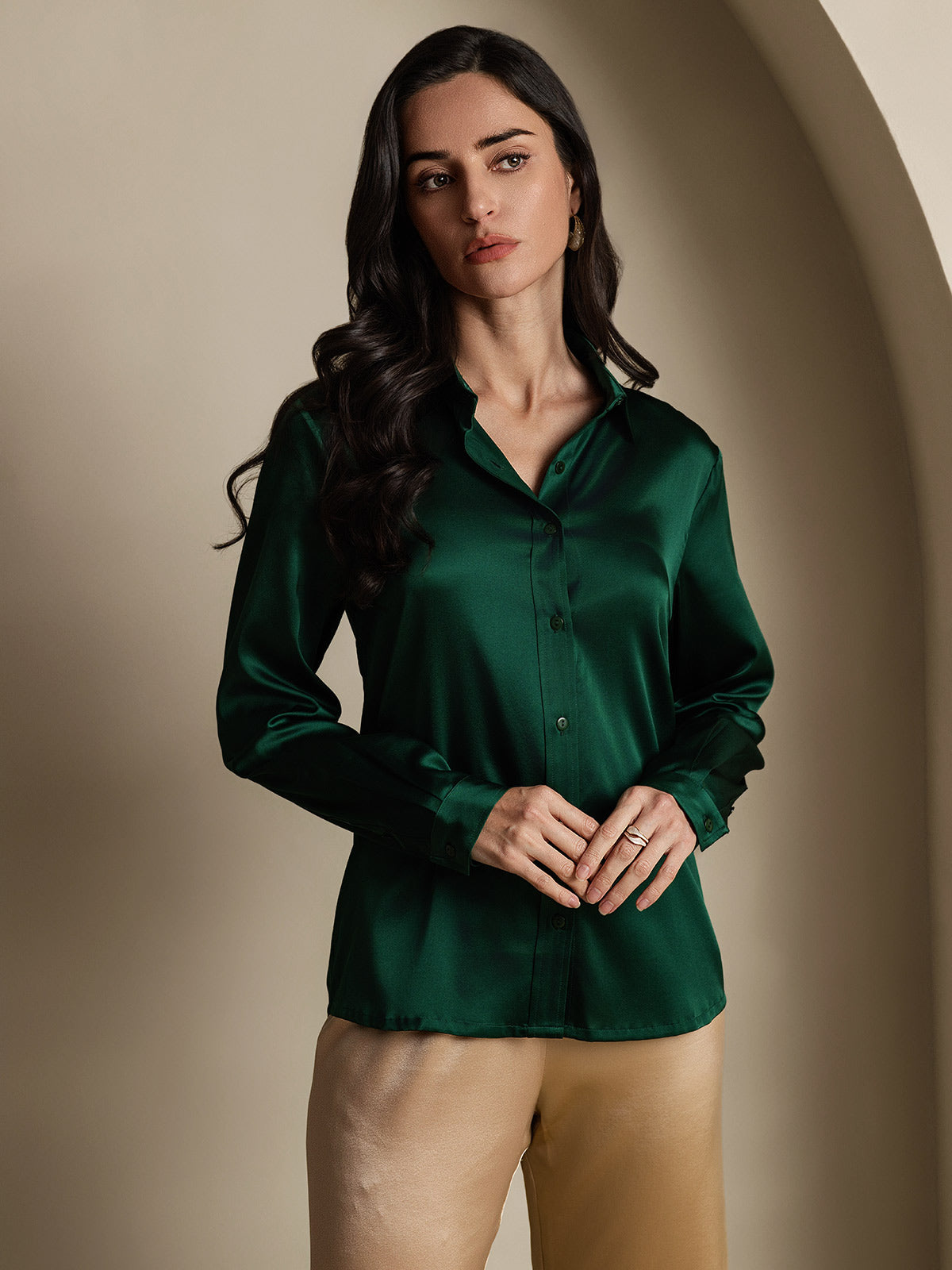 [Verde Scuro] SilkSilky-IT 19Momme Manica lunga Colletto con Revers Camicie da donna 003