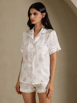 [Fiori Crema] SilkSilky-IT Short Sleeve Notch Collar Pigiami da donna 003
