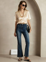 [Champagne] SilkSilky-IT Short Sleeve Lapel Collar Camicie da donna 007