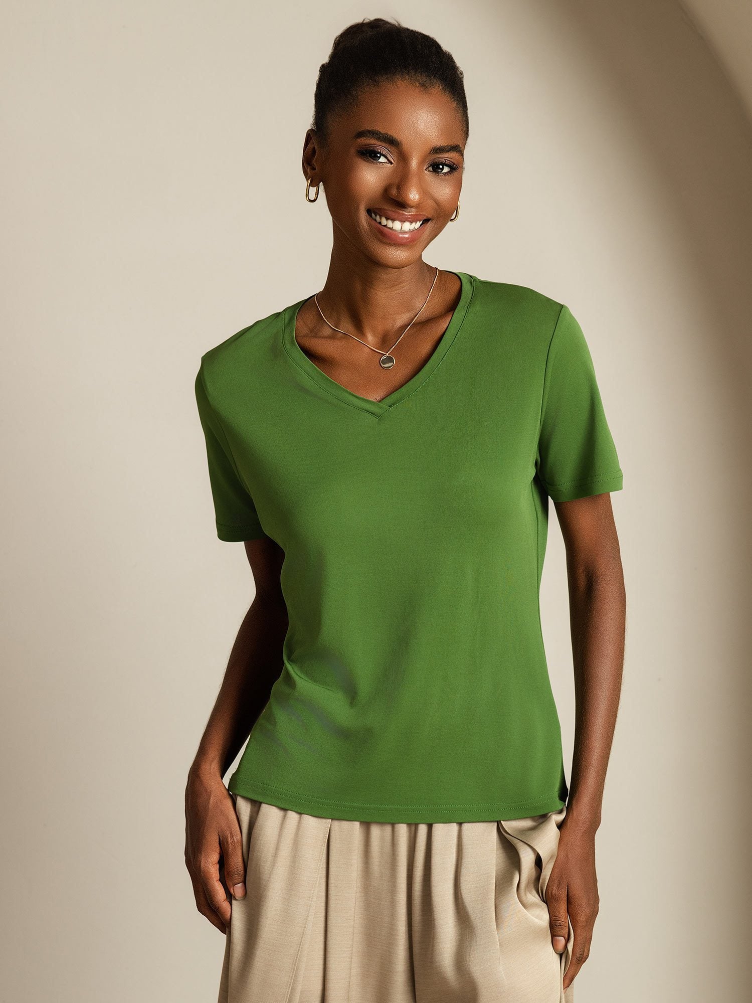 [Verde] SilkSilky-IT Seta pura Womens T-Shirt 003