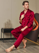 [Rosso] SilkSilky-IT Long Sleeve Lapel Collar Pigiami da uomo 006