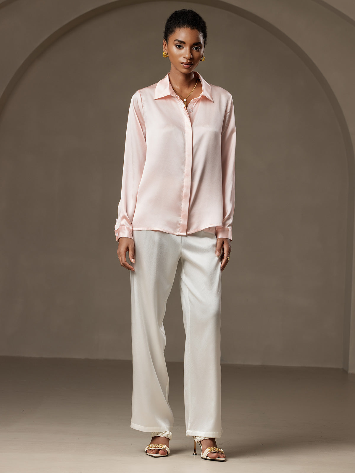 [Rosa] SilkSilky-IT 19Momme Seta Lapel Collar Camicie da donna 007
