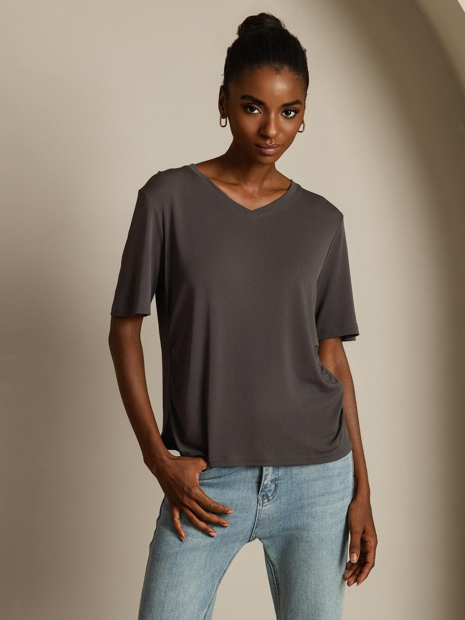[Grigio] SilkSilky-IT Seta pura Womens T-Shirt 008,