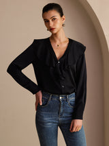[Nero] SilkSilky-IT Long Sleeve Deep V Neck Bluse 004