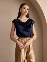 [Blu Scuro] SilkSilky-IT Cap Sleeve Cowl Neck Magliette donna 003