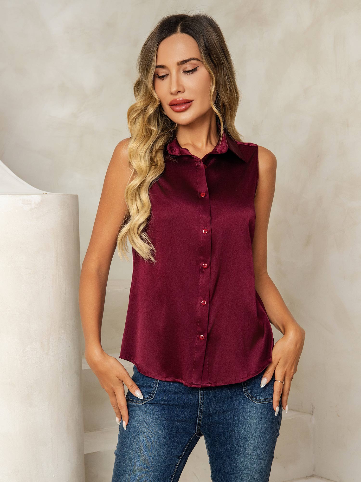 [Rosso Scuro] SilkSilky-IT 19Momme Seta Colletto risvolto Camicie da donna 005