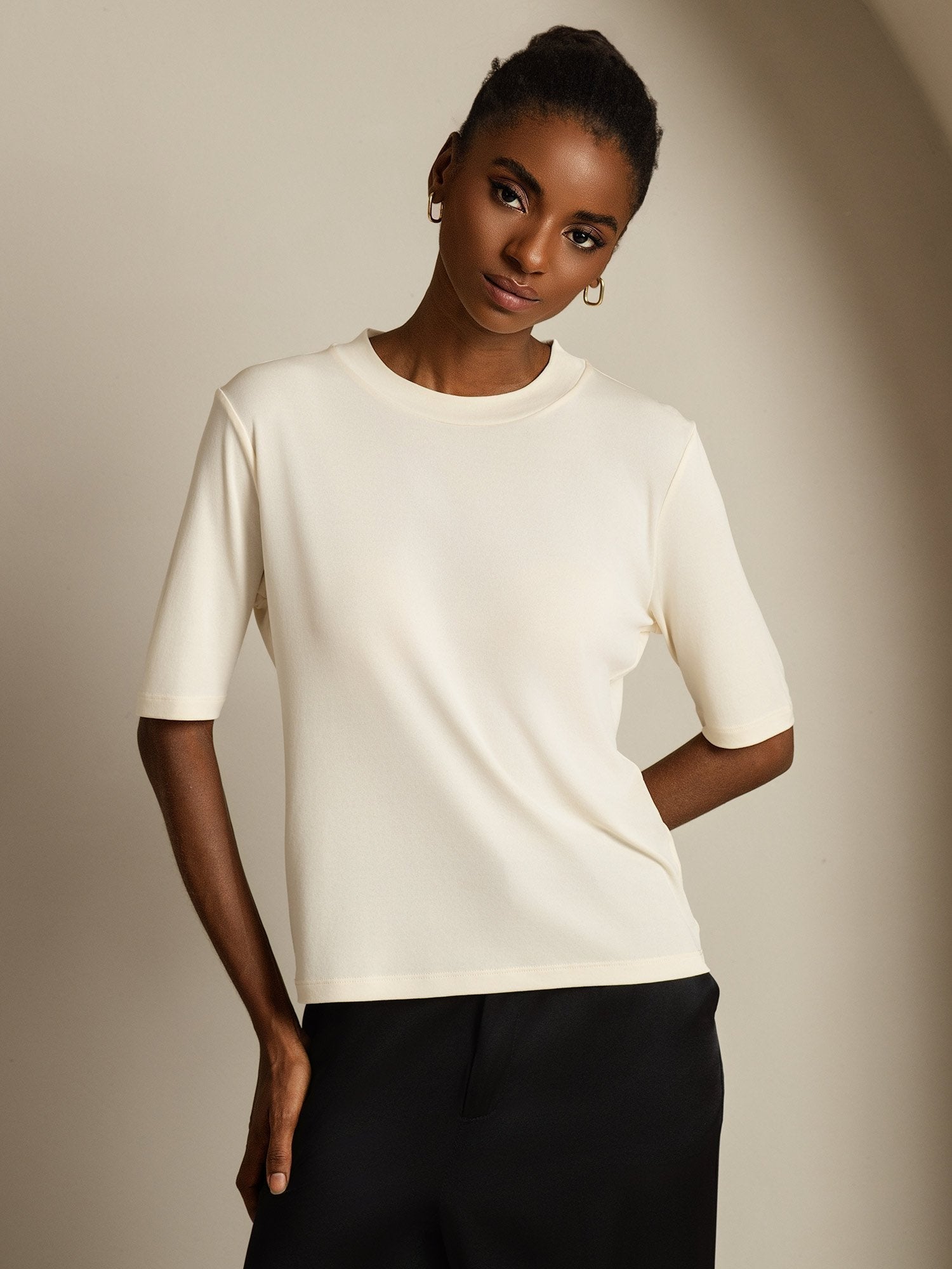 [Beige] SilkSilky-IT Seta pura Womens T-Shirt 005