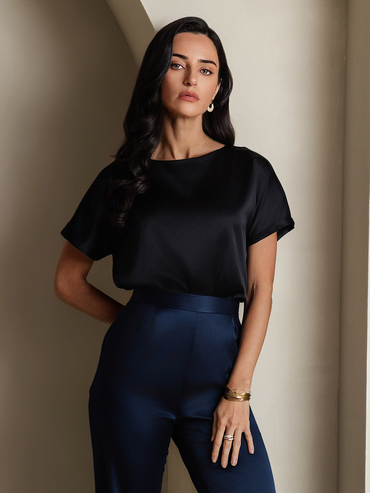 [Nero] SilkSilky-IT 19Momme Seta Maniche Corte Womens T-Shirt 004