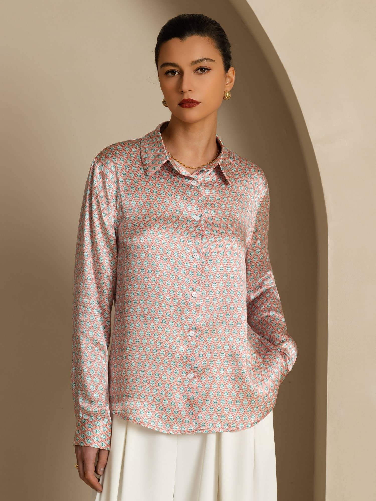 [Rosa Cuore Geo] SilkSilky-IT Manica lunga Colletto con Revers Camicie da donna 002