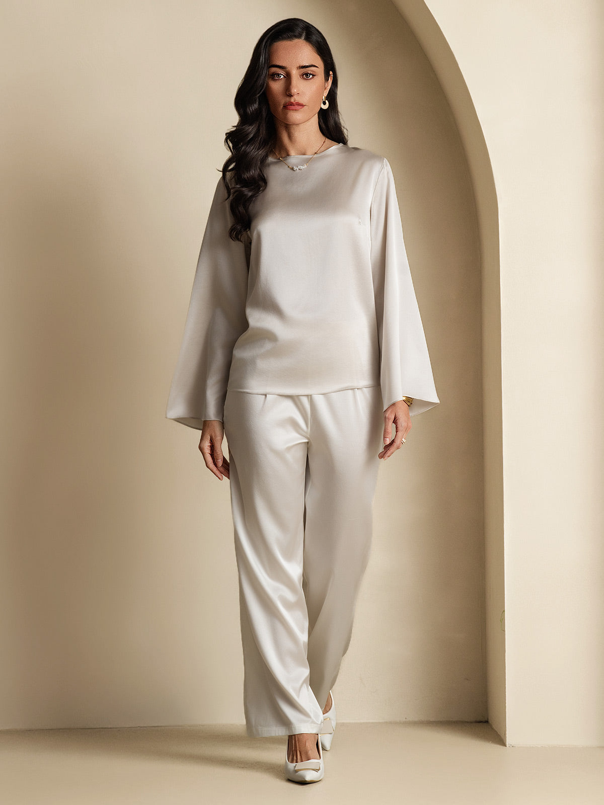 [Grigio Chiaro] SilkSilky-IT 19Momme Seta Womens T-Shirt 006