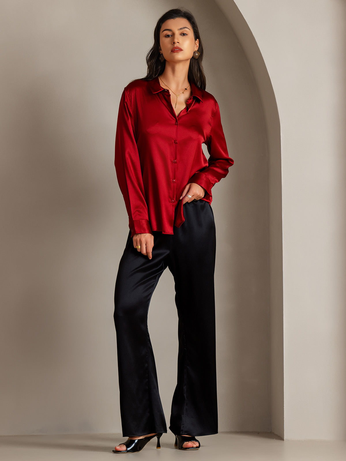 [Rosso] SilkSilky-IT Manica lunga Colletto risvolto Camicie da donna 004