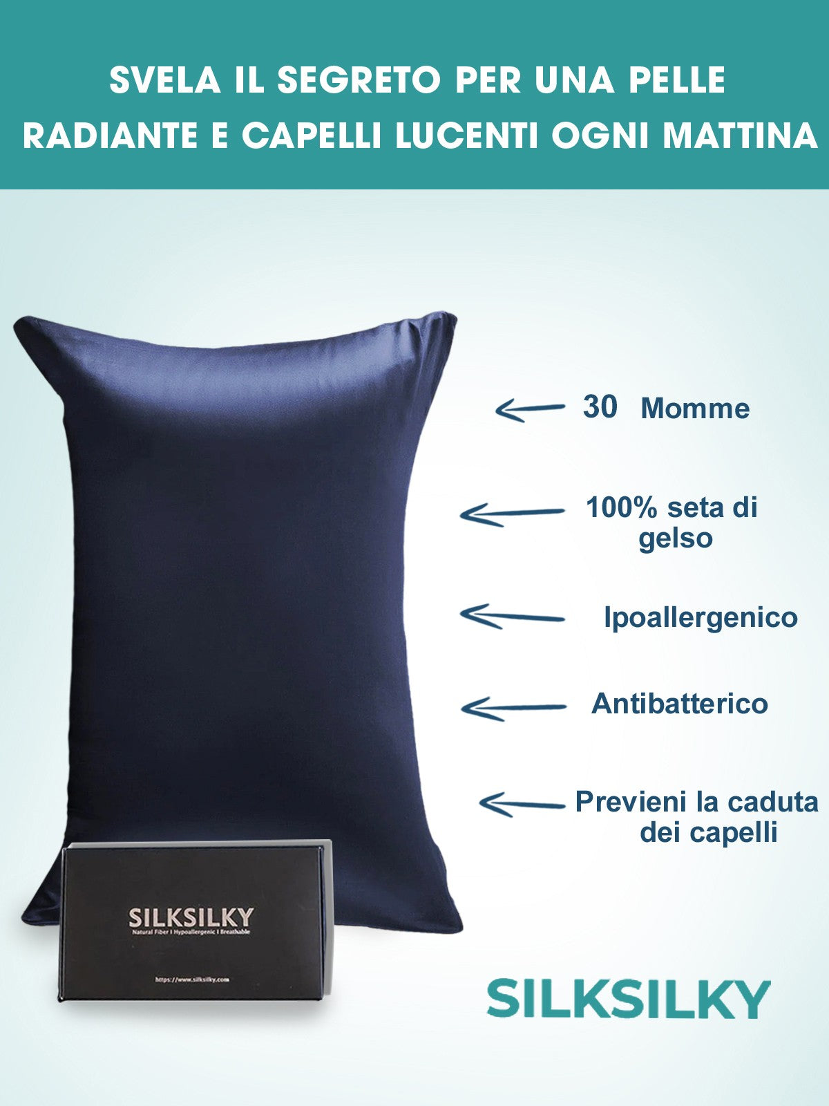 SilkSilky IT 30Momme Seta pura Pillowcase BluAcuro 003