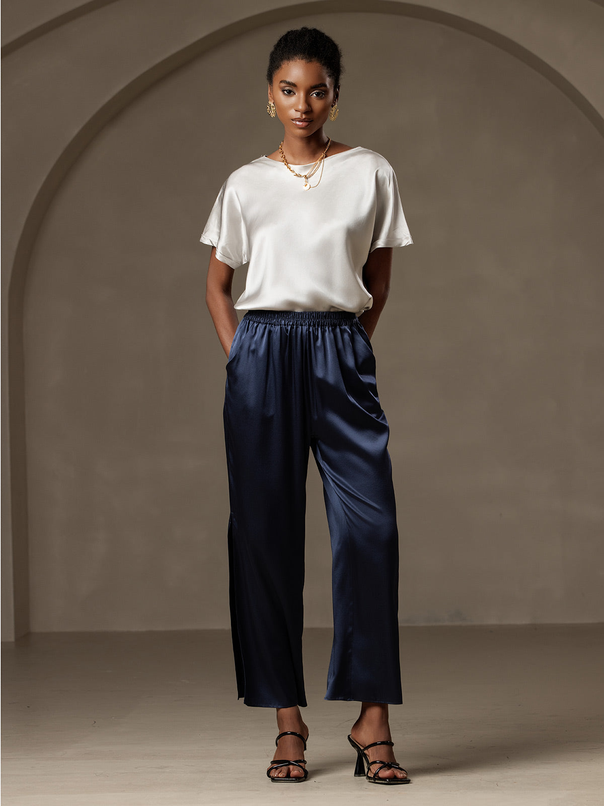 [Grigio Chiaro] SilkSilky-IT 19Momme Seta Womens T-Shirt 006,