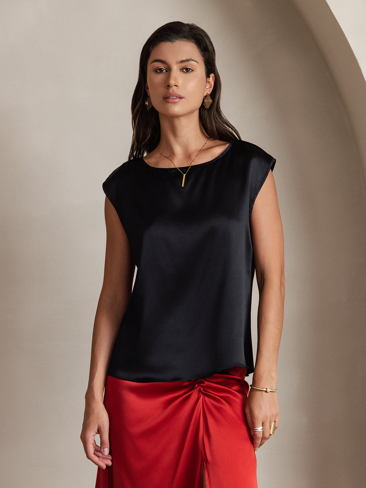 [Nero] SilkSilky-IT 19Momme Manica a Cuffia Scollo rotondo Magliette donna 001