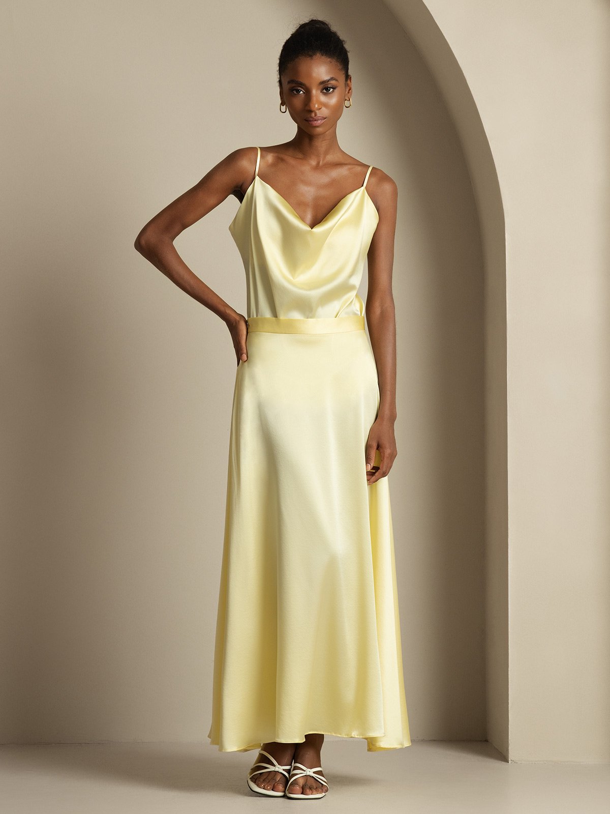 [Giallo Chiaro] SilkSilky-IT 19Momme Seta Collo drappeggiato Women''s Outfit Sets 003,