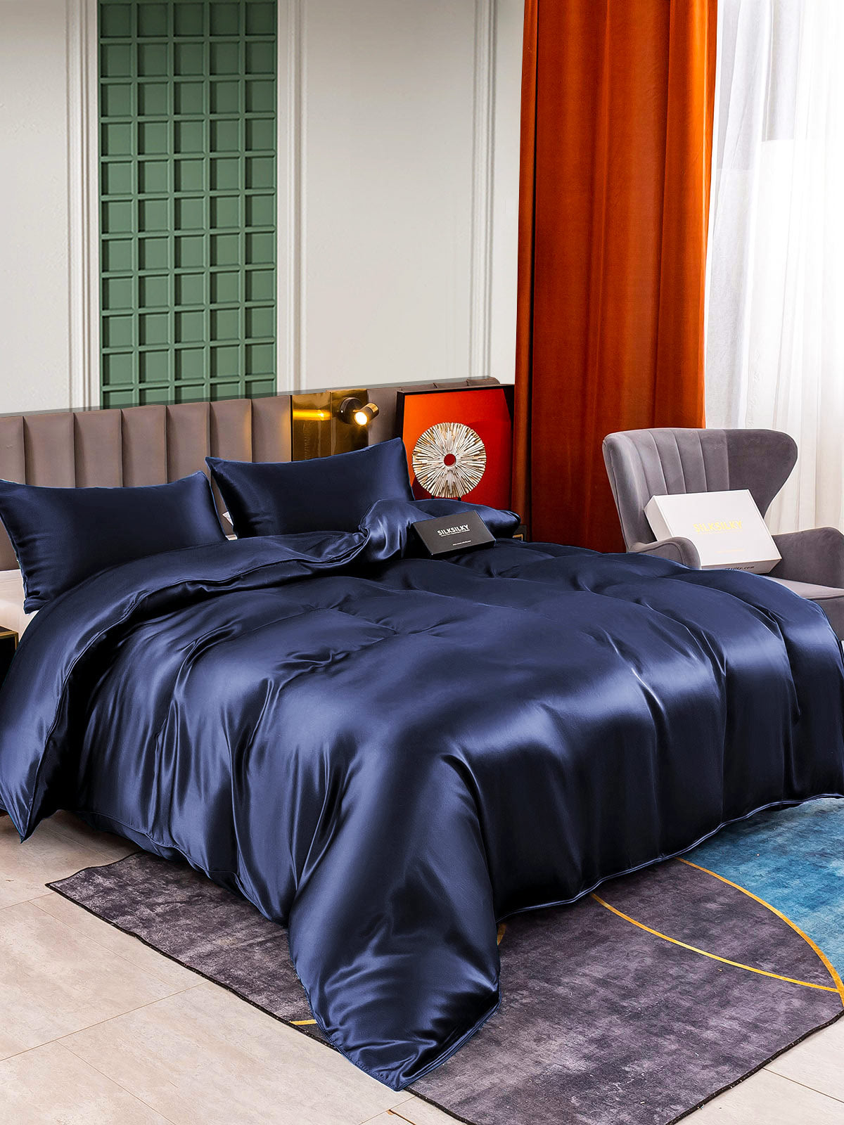 [Blu Scuro] SilkSilky-IT 25Momme Seta pura Bedding Set 001