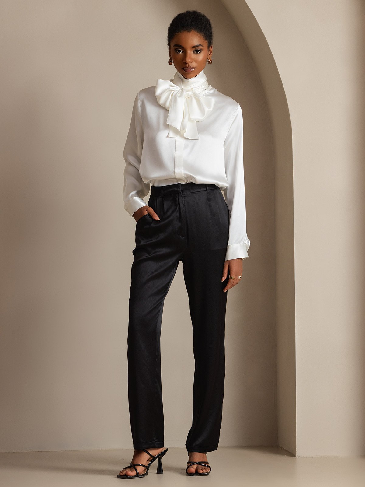 [Bianco] SilkSilky-IT 19Momme Seta Manica lunga Blouse 008