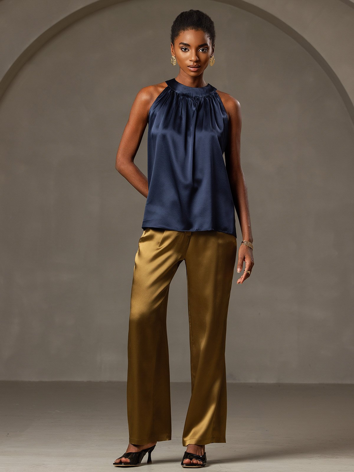 [Blu Scuro] SilkSilky-IT 19Momme Seta Senza maniche Womens T-Shirt 005