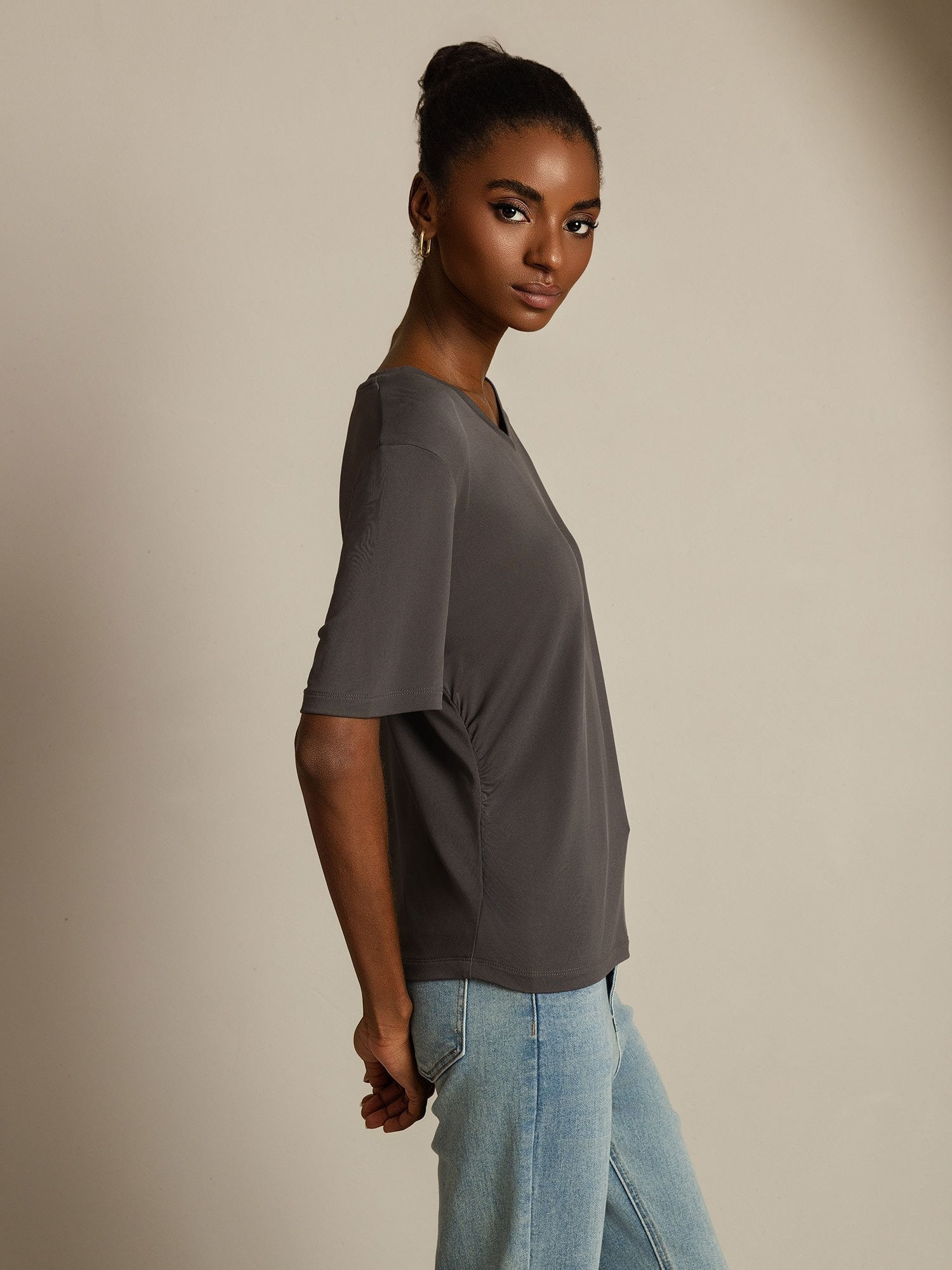 [Grigio] SilkSilky-IT Seta pura Womens T-Shirt 003,