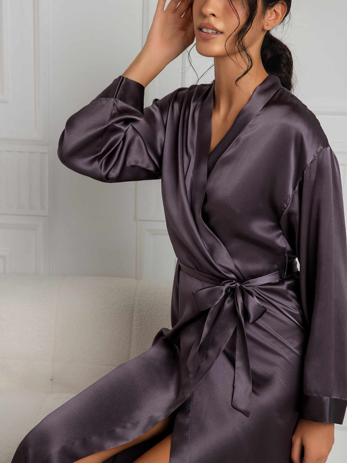 SilkSilky-IT Seta pura Manica lunga Womens Robe GrigioPorpora 007