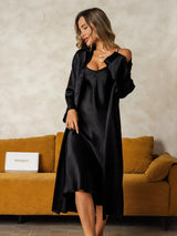 [Nero] SilkSilky-IT Manica lunga Scollo a V Set camicia e vestaglia 003