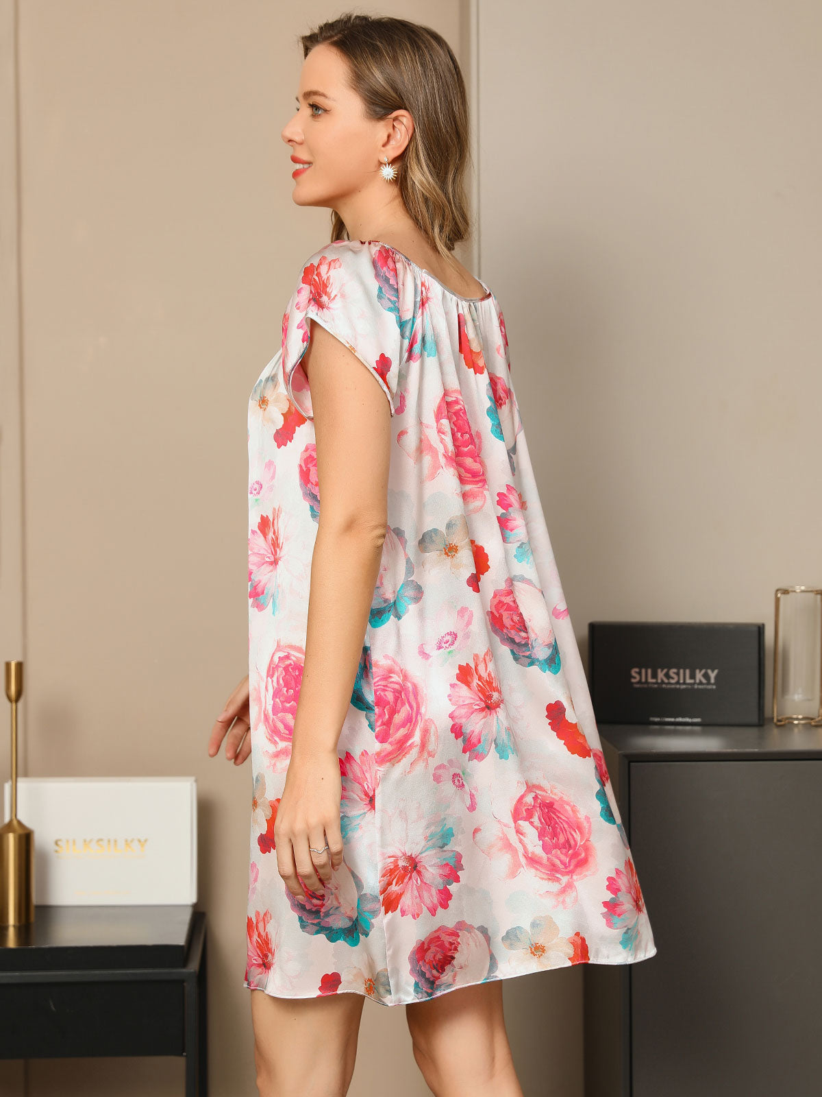 [Rosa Rossa] SilkSilky-IT Seta pura Manica ad aletta Nodo al collo Camicia da notte 002