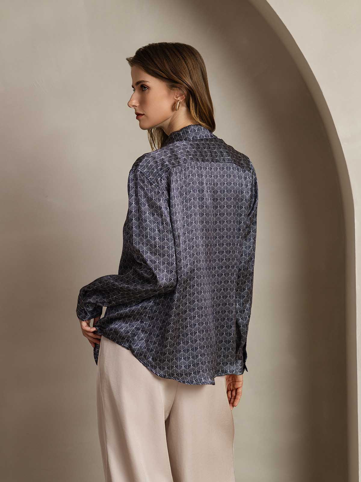 [Ginkgo Blu Navy] SilkSilky-IT Seta Colletto risvolto Camicie da donna 002