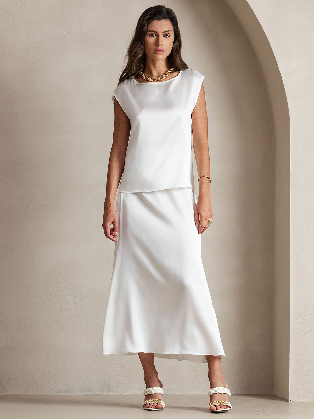 [Bianco] SilkSilky-IT 19Momme Seta Womens T-Shirt 001