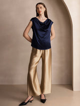 [Blu Scuro] SilkSilky-IT Cap Sleeve Cowl Neck Magliette donna 008