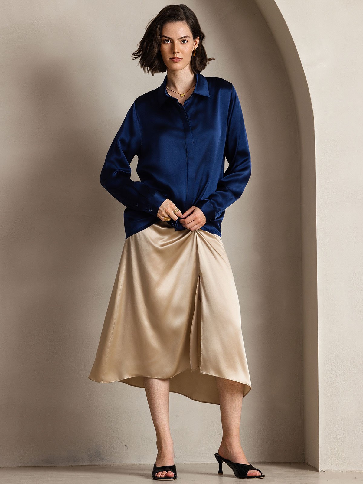 [Blu Scuro] SilkSilky-IT 19Momme Seta Manica lunga Colletto risvolto Camicie da donna 003