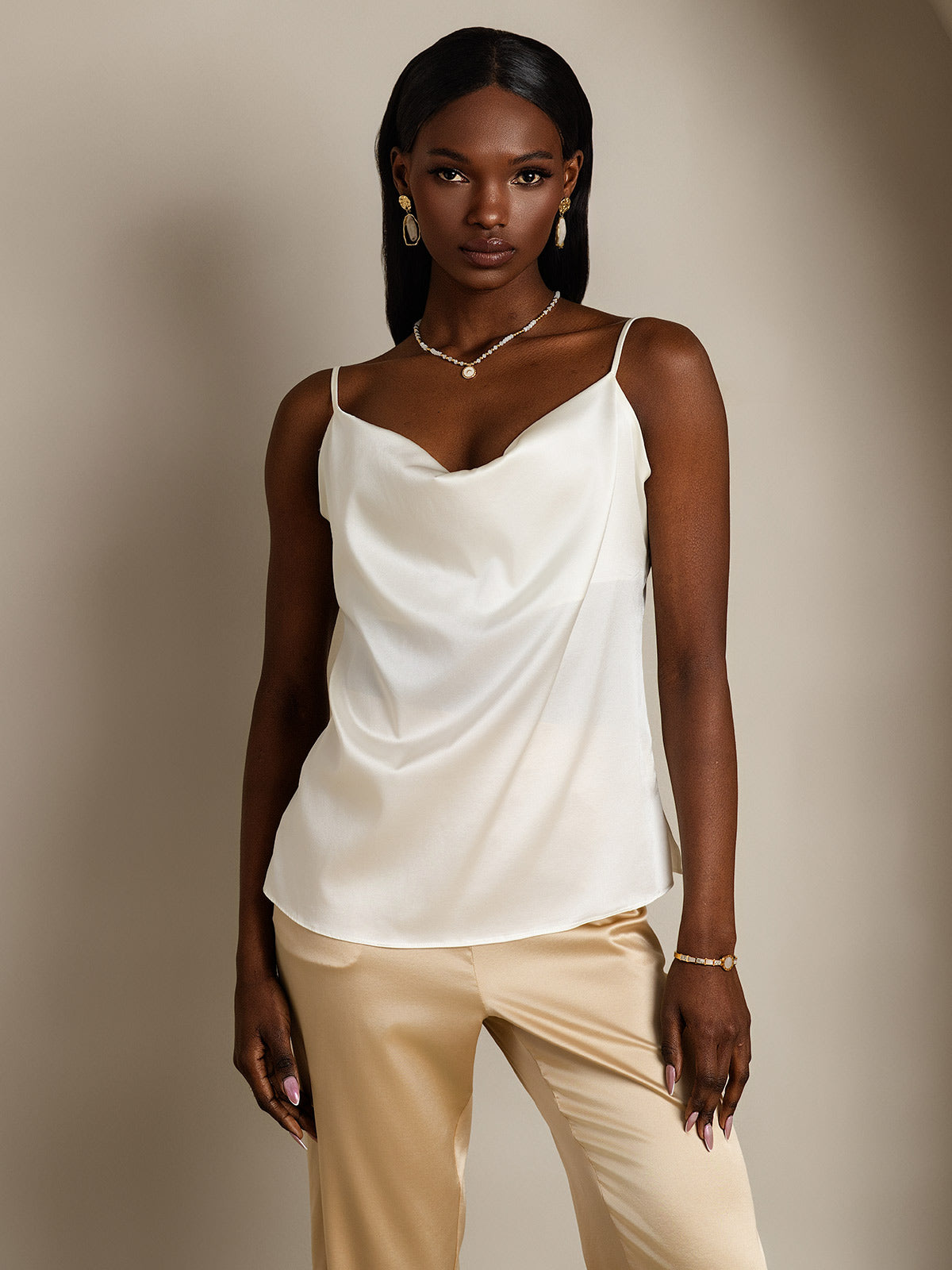 [Bianco] SilkSilky-IT 19Momme Seta Collo drappeggiato Cami 001