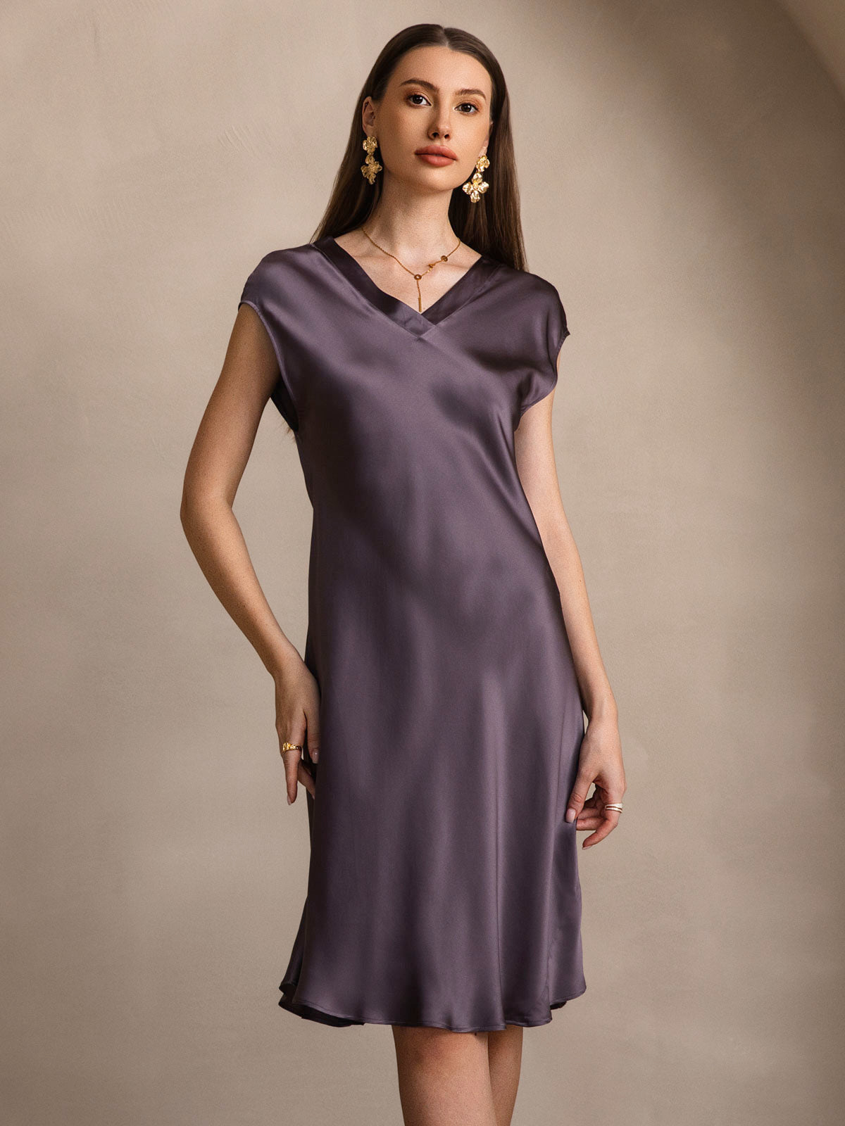 [Grigio Porpora] SilkSilky-IT Manica a Cuffia Scollo a V Camicia da notte 004