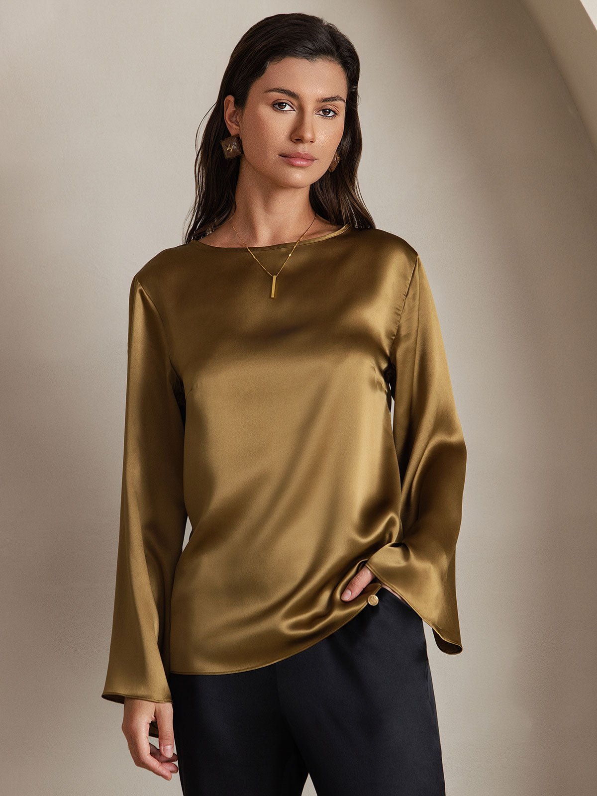 [Marrone] SilkSilky-IT 19Momme Seta Womens T-Shirt 003