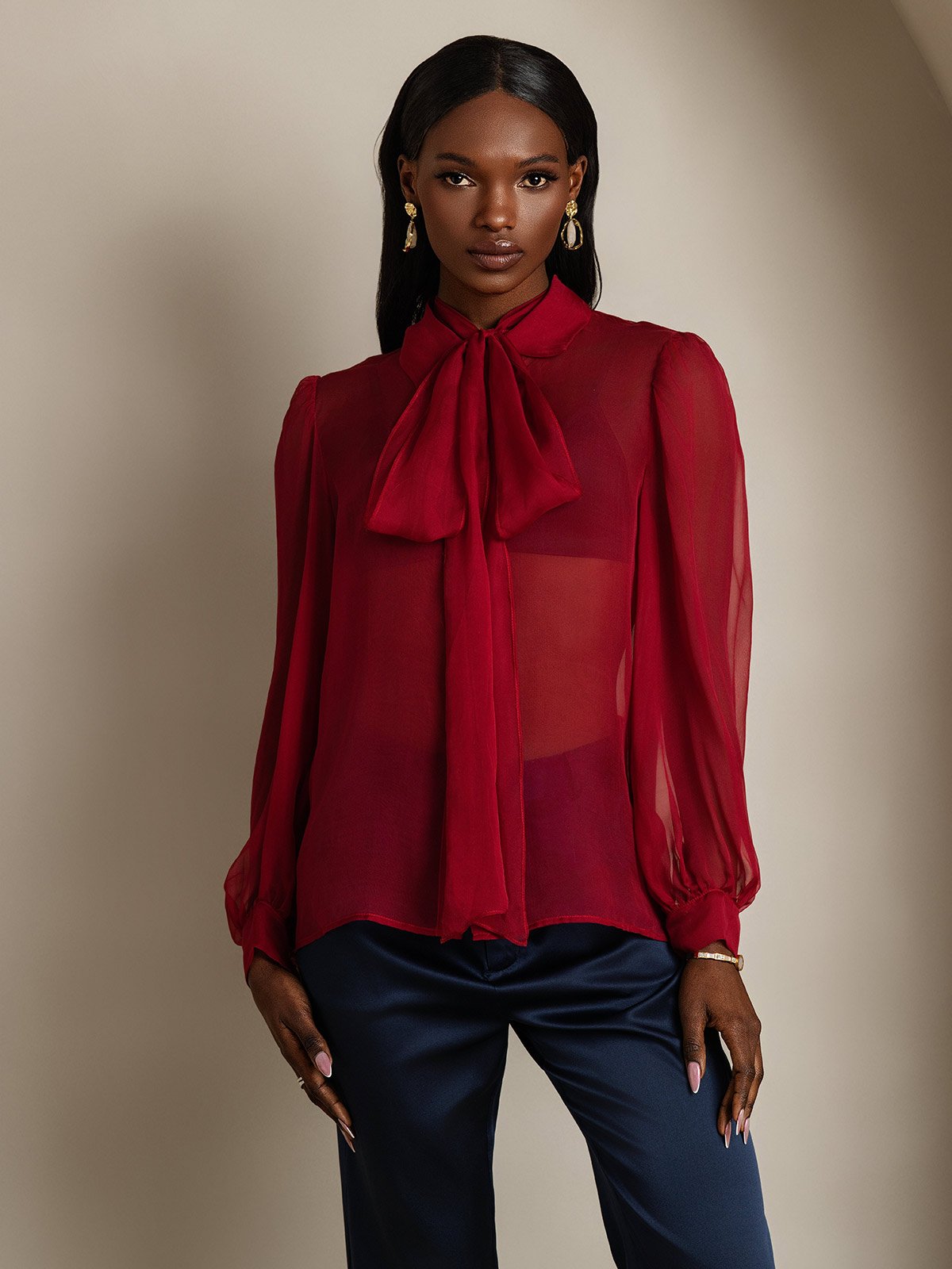 SilkSilky-IT Seta pura Manica lunga Nodo al collo Camicie da donna Vino 003