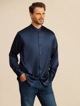 [Blu Scuro] SilkSilky-IT Long Sleeve Stand Collar Camicia da uomo 006