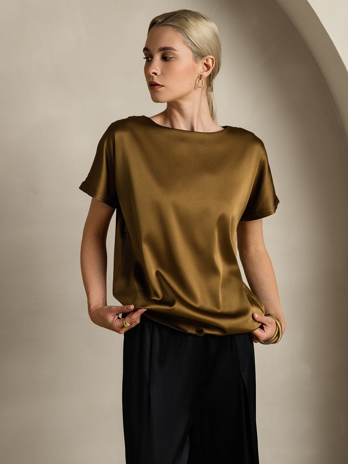 [Marrone] SilkSilky-IT 19Momme Seta Maniche Corte Womens T-Shirt 004