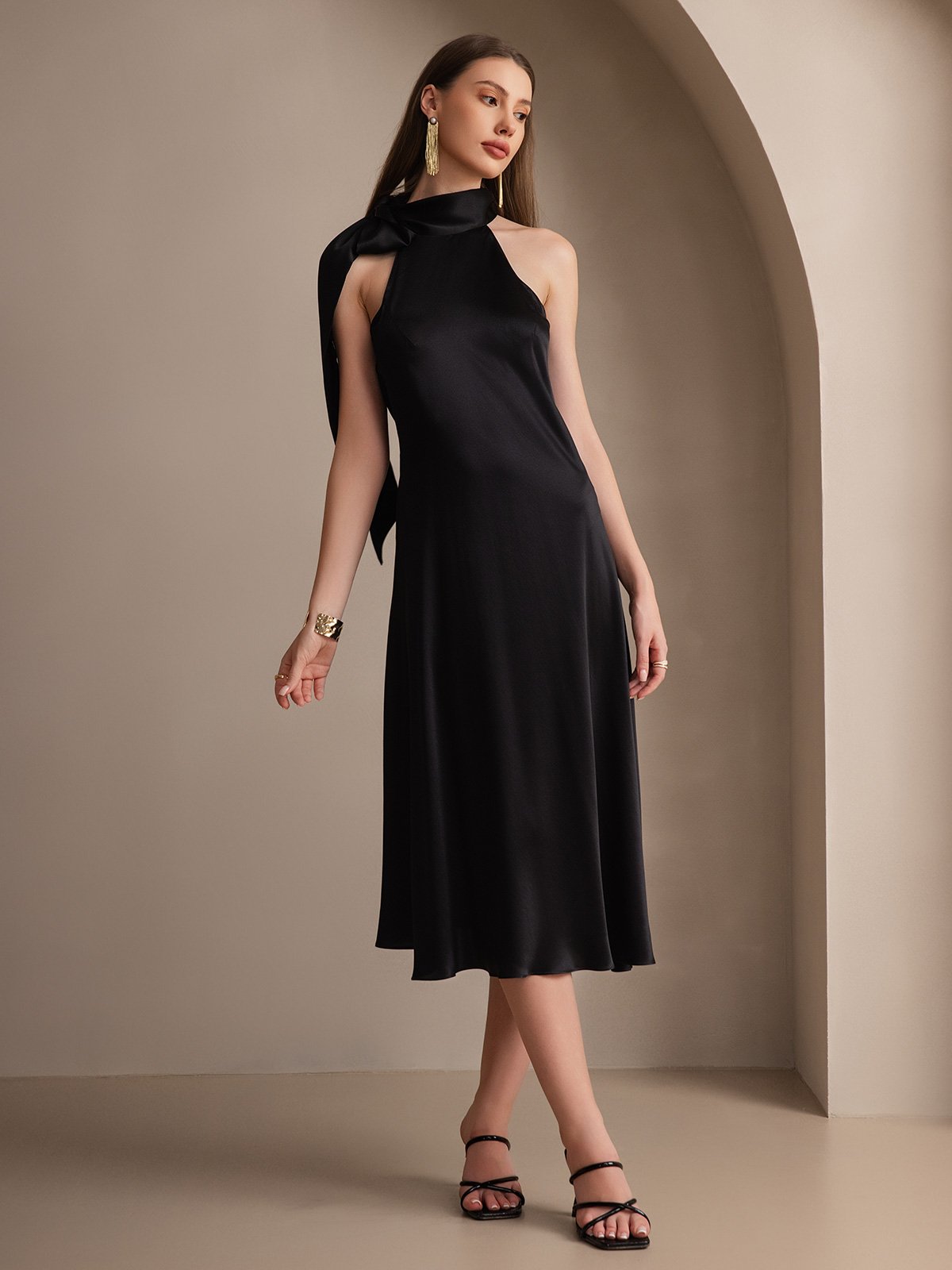 [Nero] SilkSilky-IT 19Momme Seta Senza maniche Nodo al collo Vestiti da donna 005