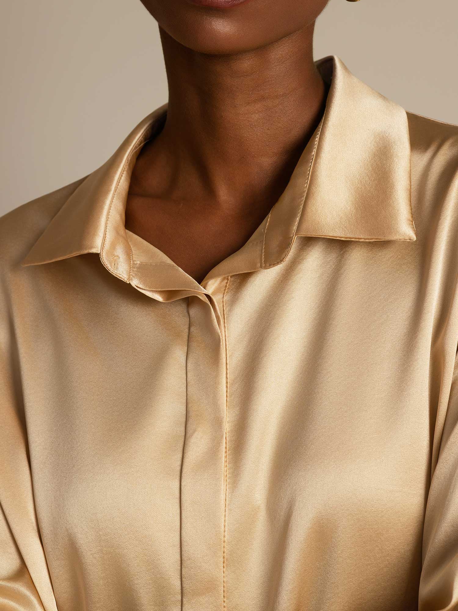 [Champagne] SilkSilky-IT 19Momme Manica lunga Colletto con Revers Camicie da donna 006