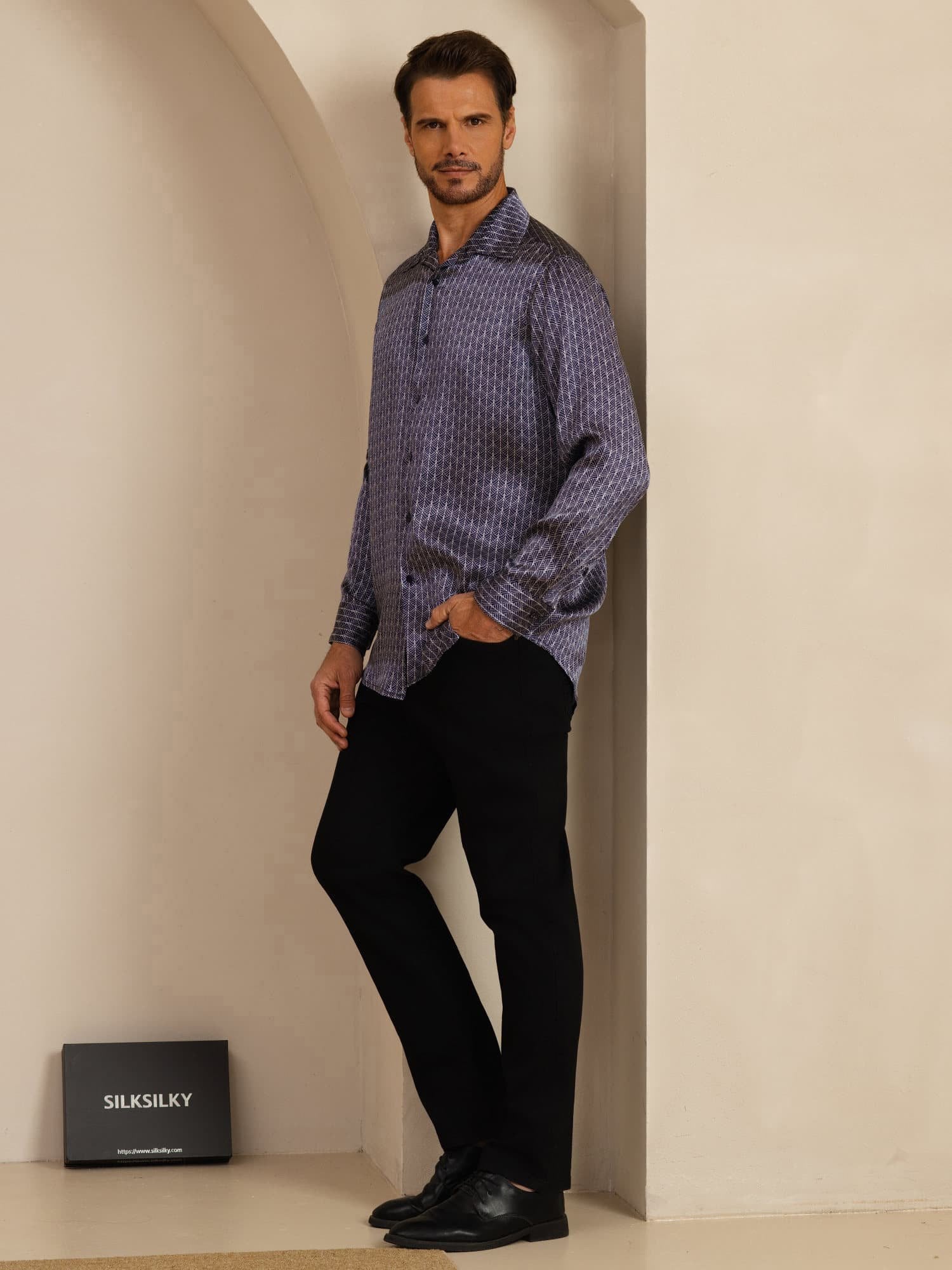 [Ginkgo Blu Navy] SilkSilky-IT Manica lunga Colletto con Revers Camicia da uomo 007