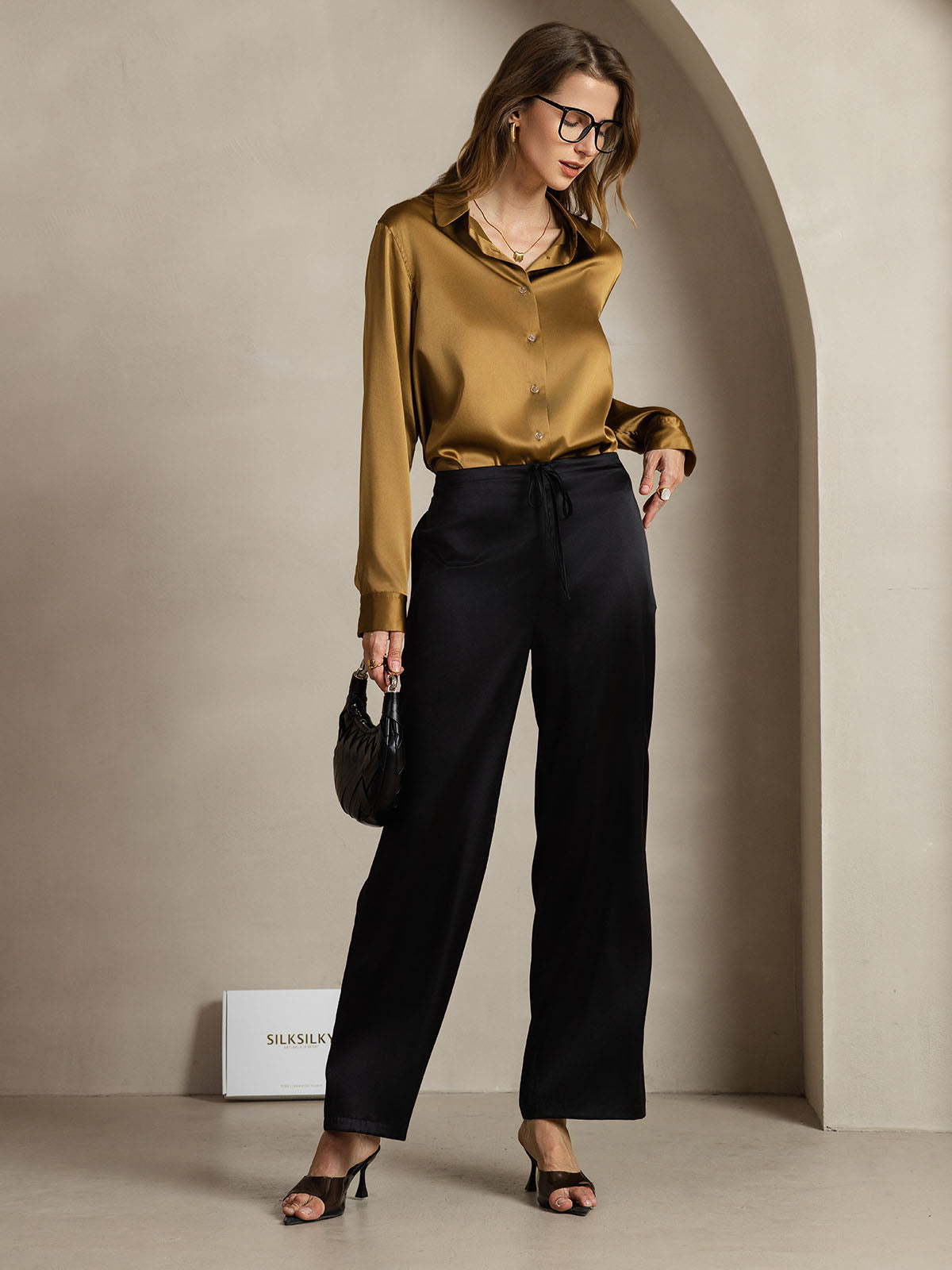 [Bronzo] SilkSilky-IT Seta Manica lunga Colletto risvolto Camicie da donna 007