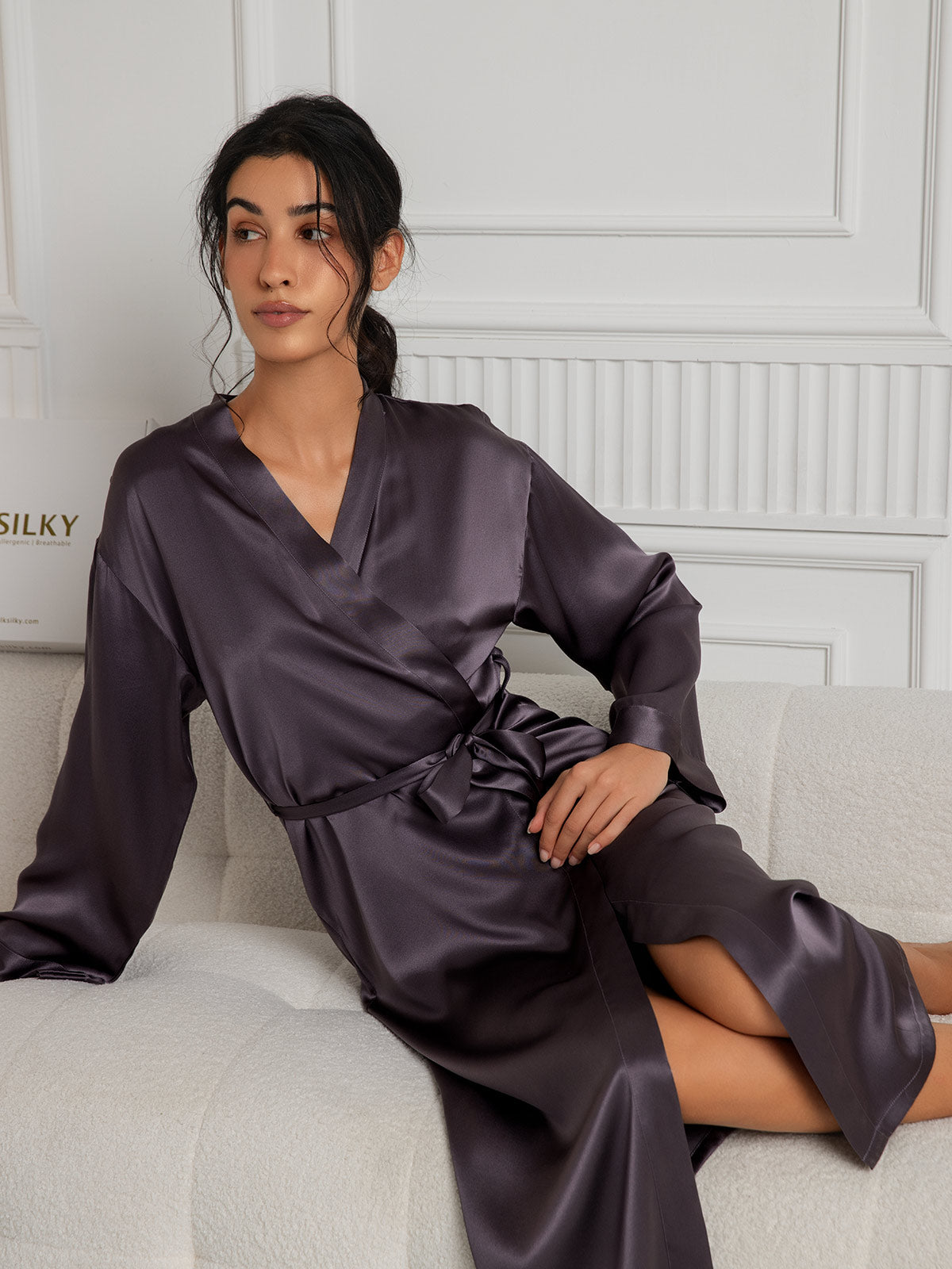 [Grigio Porpora] SilkSilky-IT Seta pura Womens Robe 005