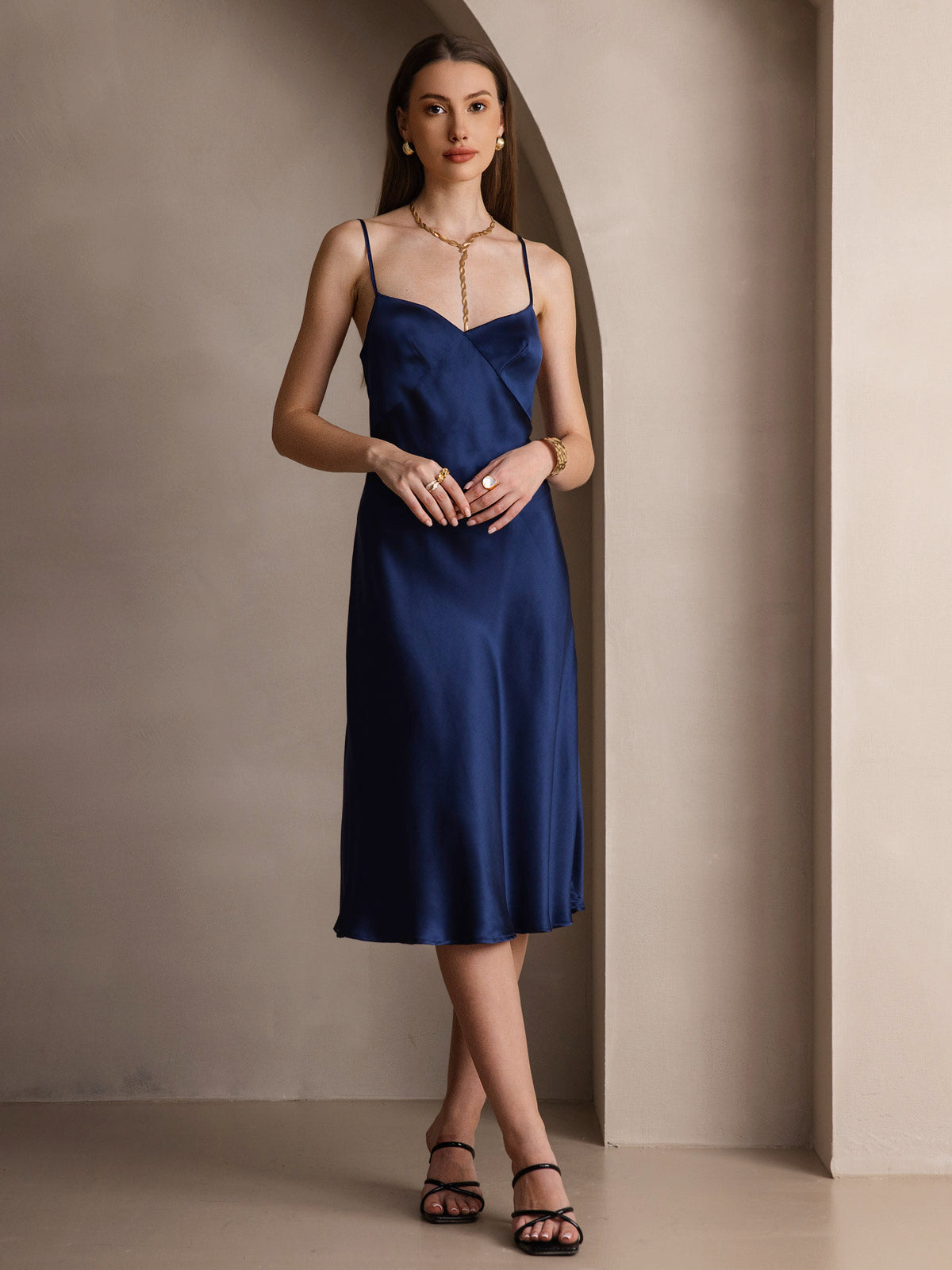 [Blu Scuro] SilkSilky-IT 19Momme Seta pura Collo a V Vestiti da donna 005