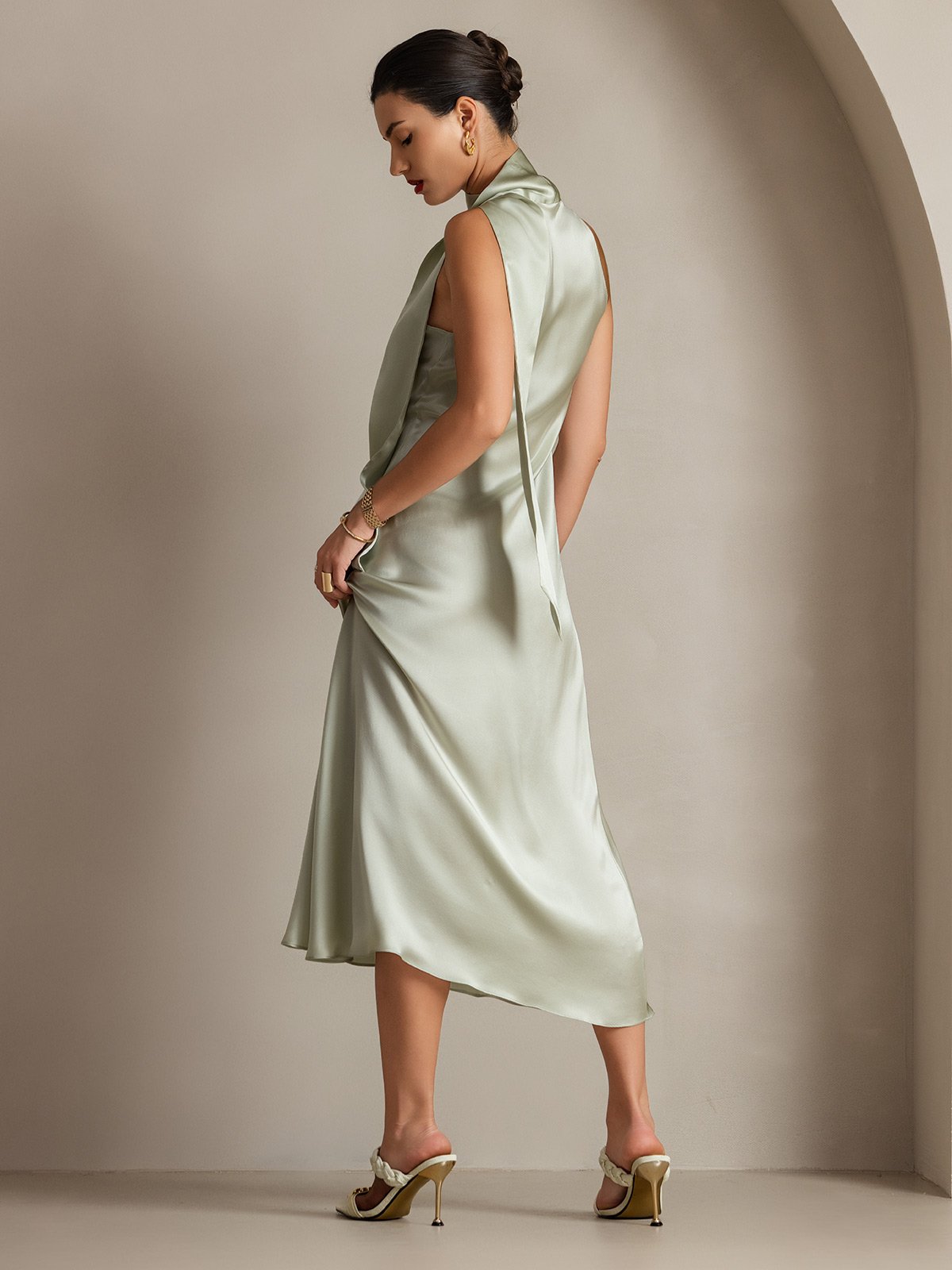 [Verde Chiaro] SilkSilky-IT 19Momme Seta Senza maniche Nodo al collo Vestiti da donna 002